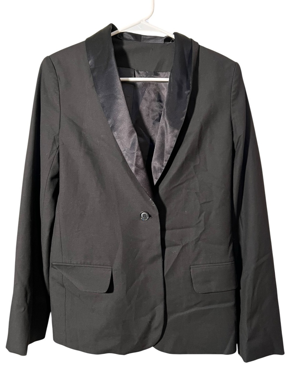 Women's Blazer Black Satin Lapel One Button Longline Lined Long Sleeve Stretch
